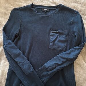 ME+EM 4 Long Sleeve Waffle Knit crewneck Top Pocket Elbow patches Navy Blue EUC